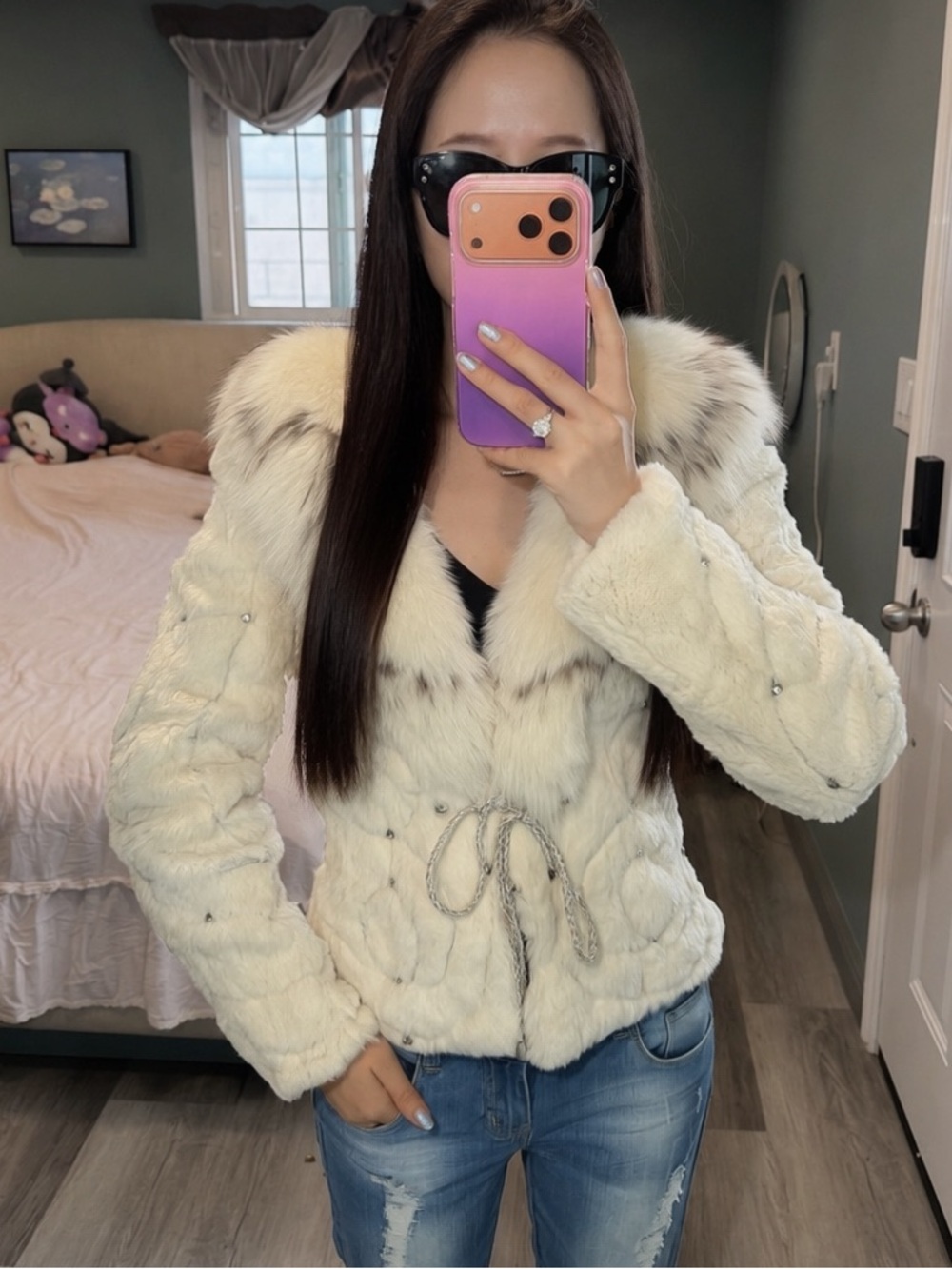 Vintage White Rabbit Fur Jacket Fox Fur Collar Y2K XS S - Picture 11 of 12